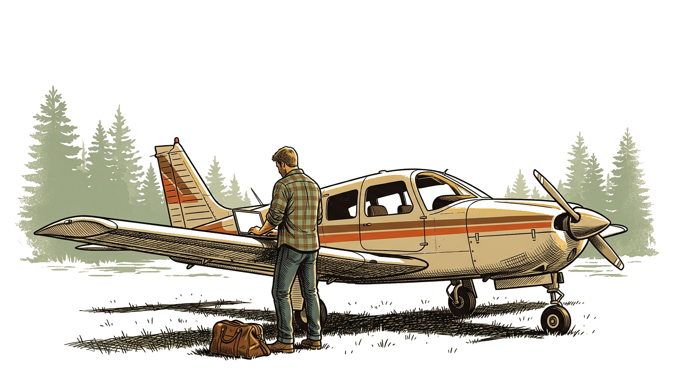 Illustrated pilot at a desk with a wing view