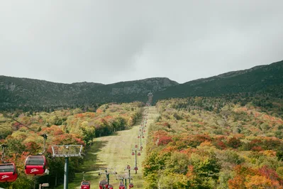 A stunning view of red gondolas ascending a forested mountain landscape in autumn.