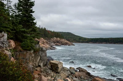 Aerial view of the rocky coastline and autumn foliage in Acadia National Park near Bar Harbor, Maine
