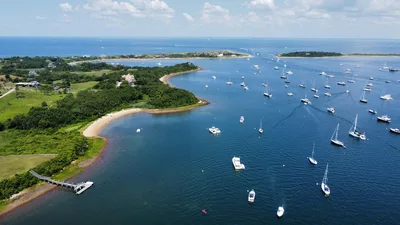 Aerial view of boats anchored in New Harbor, Block Island, Rhode Island