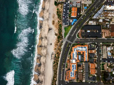 Aerial view of the Carlsbad, California coastline and city layout