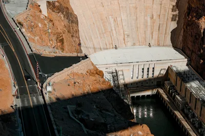Aerial perspective of the Hoover Dam on the border of Arizona and Nevada