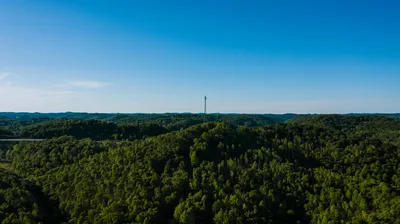 Aerial view of lush green hills and dense forest in the Appalachian plateau of West Virginia