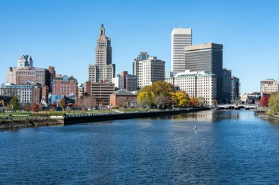 Aerial view of Providence, Rhode Island skyline and river during autumn