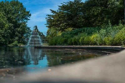 A tranquil park scene featuring a flowing fountain surrounded by lush green trees and plants.
